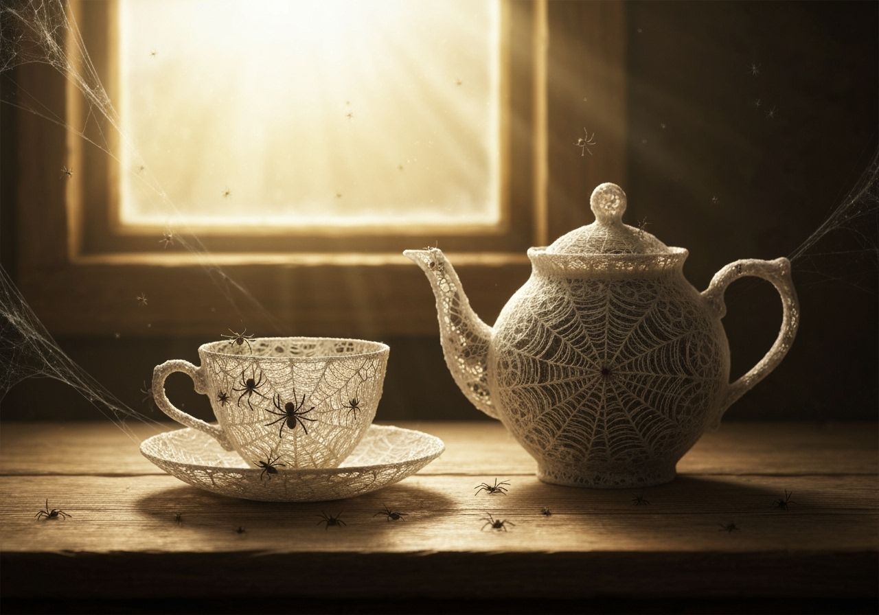 Spiderweb Lace Teacup and Spiders on Rustic Table