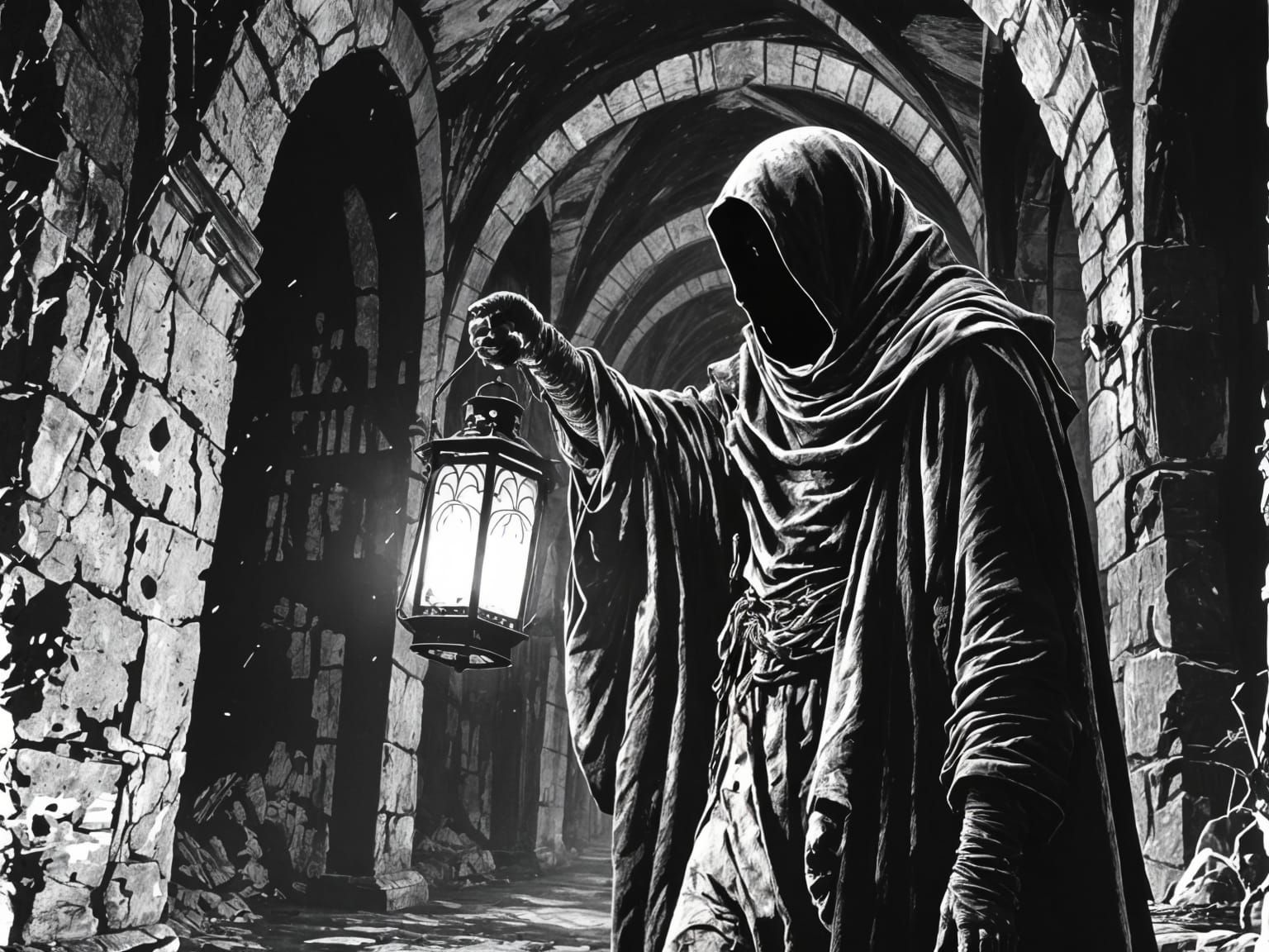 Gaunt Undertaker Holds Lantern in Obituary Corridor