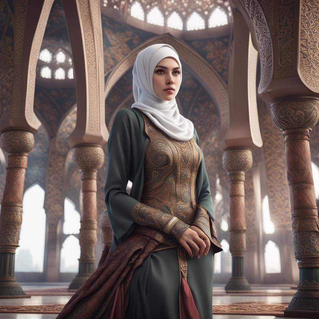 Beautiful Woman in Hijab: Detailed Digital Painting