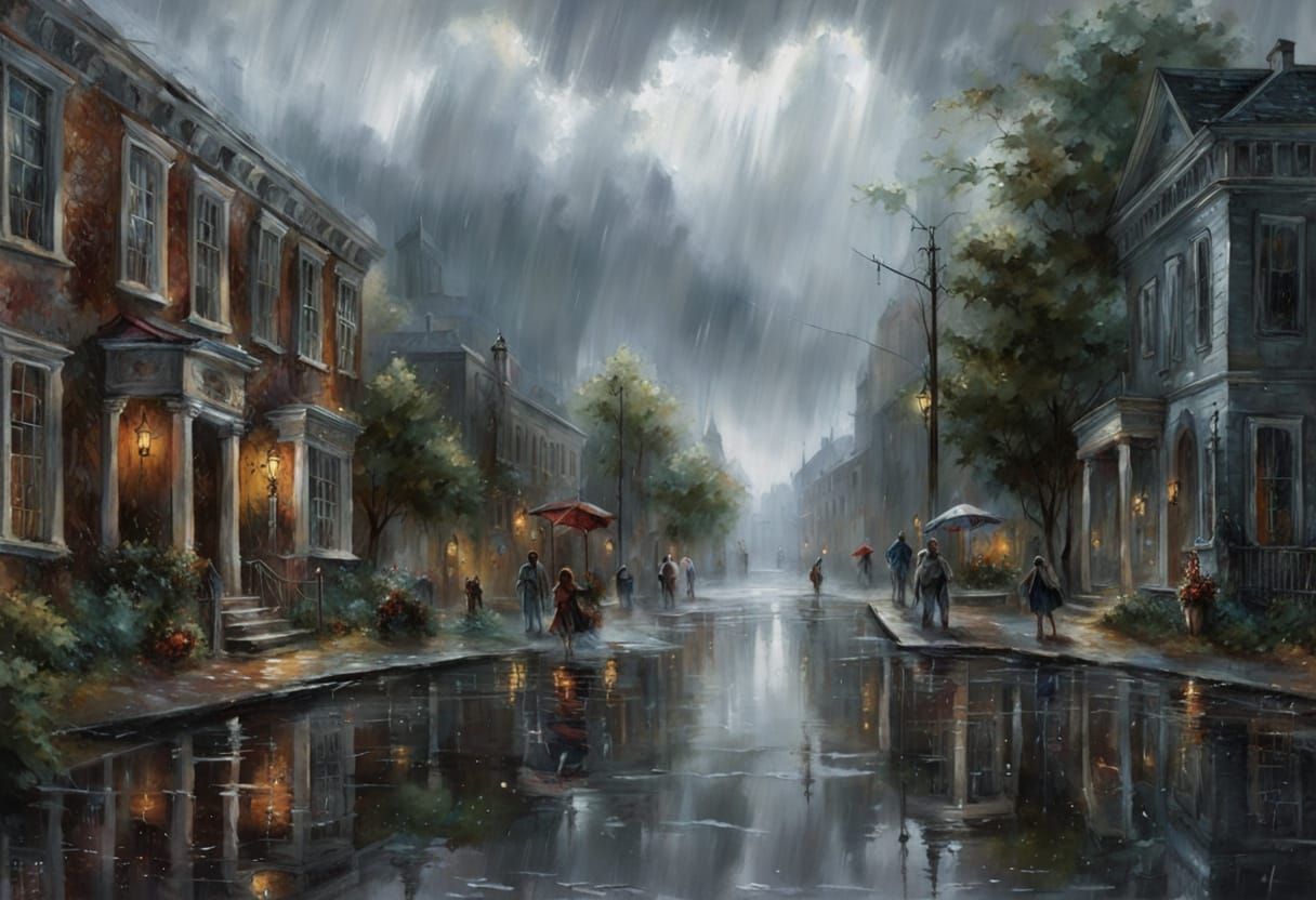 Rainy Street Scene as Detailed Watercolor Fantasy Art