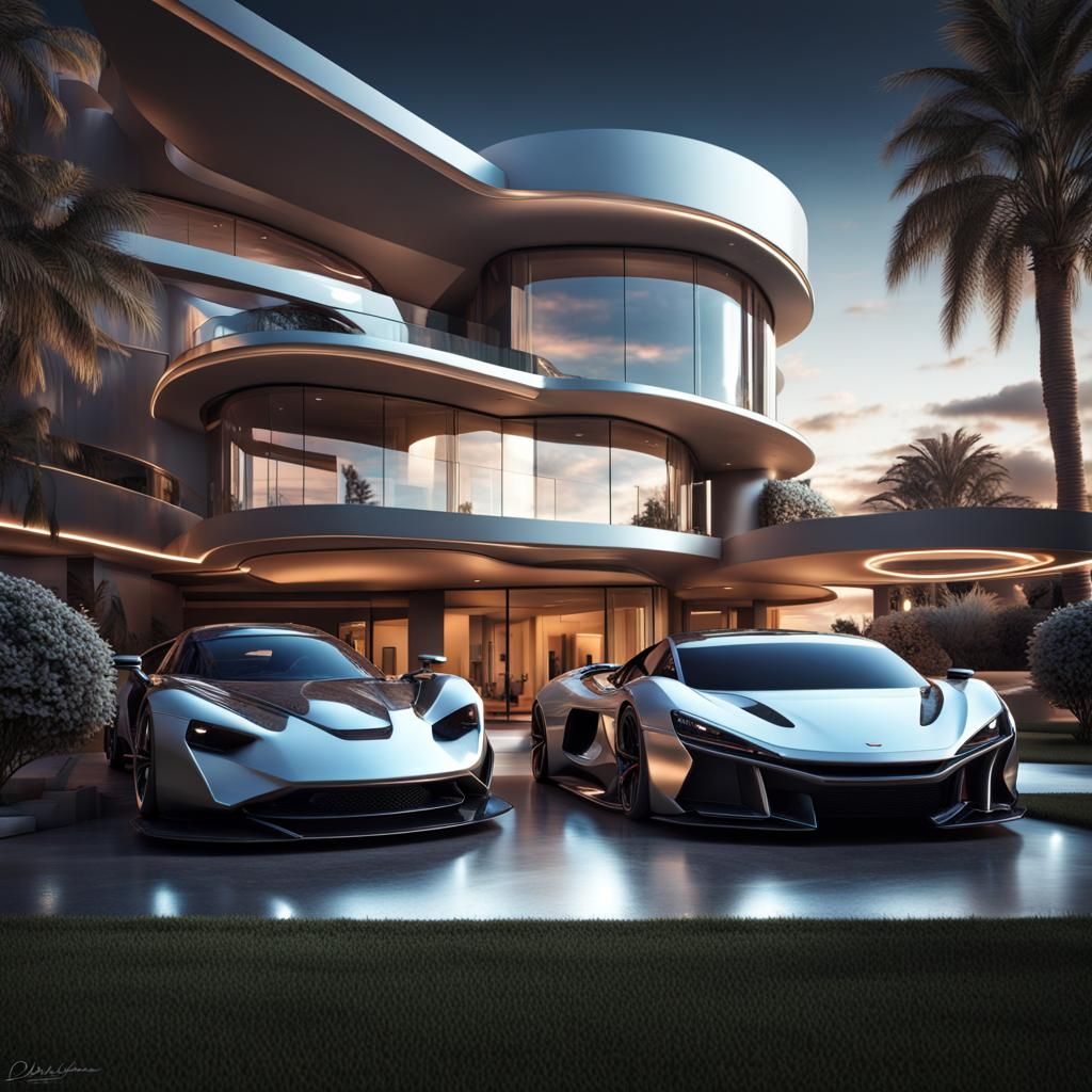 Hyperrealistic Futuristic Mansion with Sports Cars