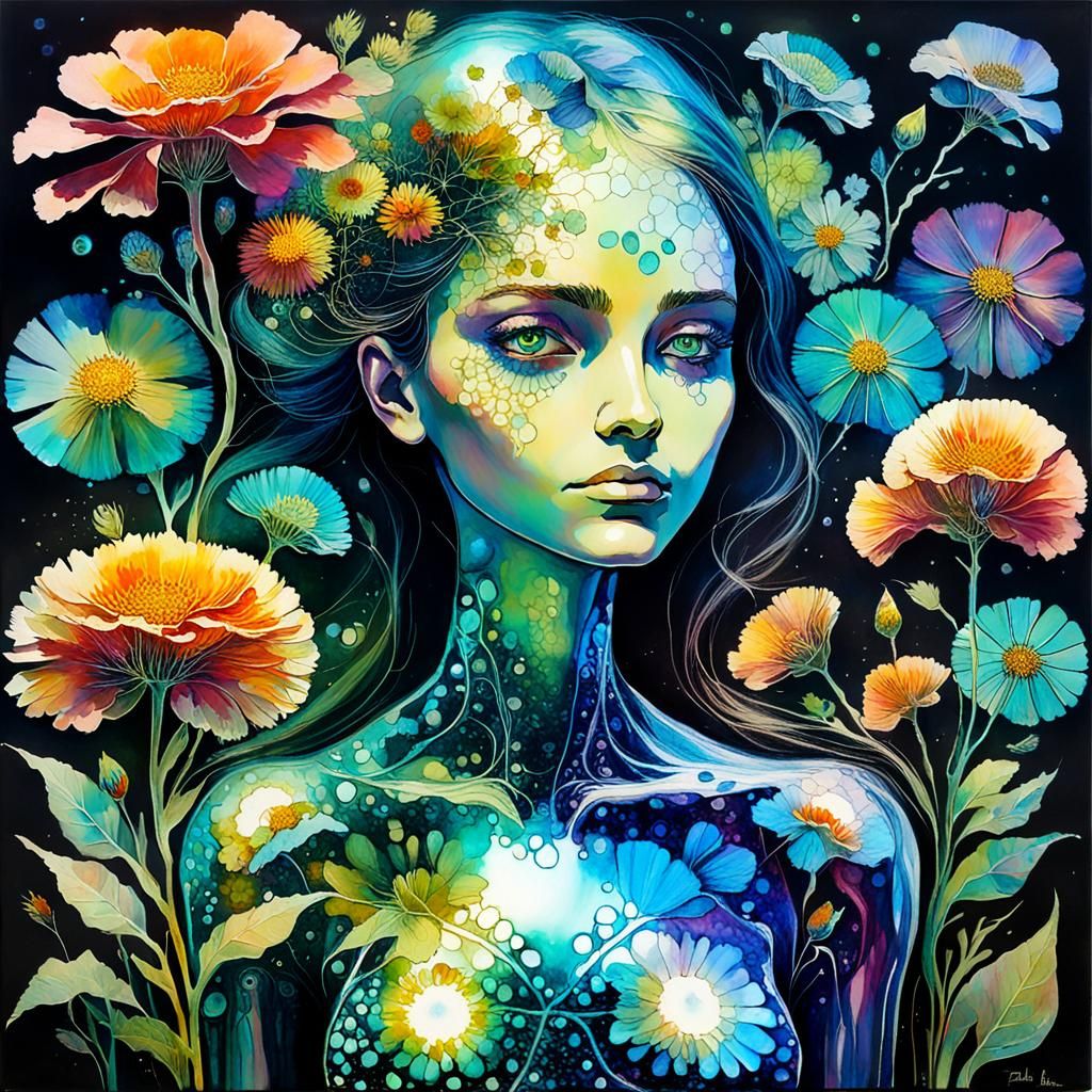 Holographic Flowers Surround Woman: Alcohol Ink Art