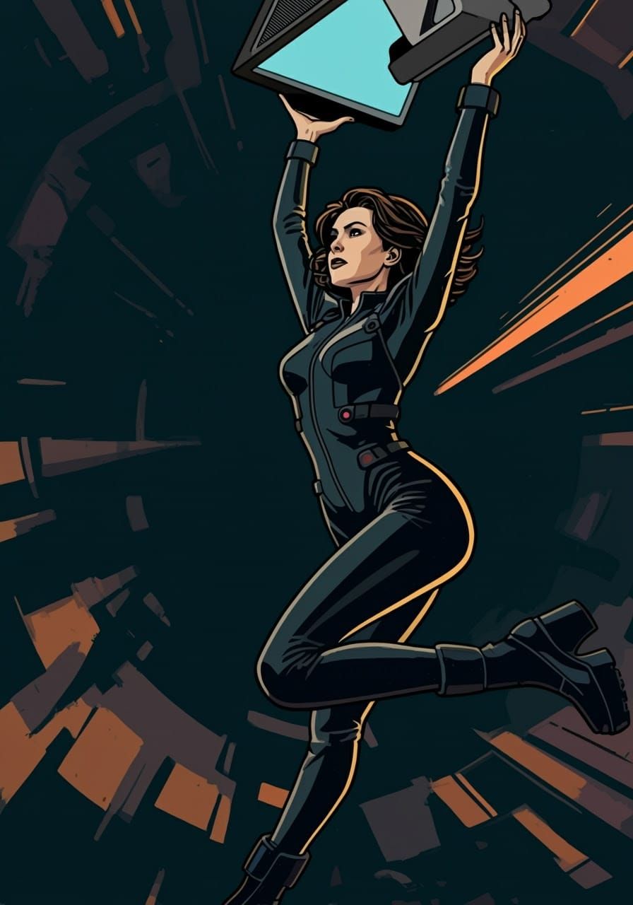 Comic Book Woman Swings Computer Monitor