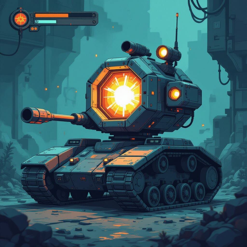 Retro Pixel Art Robot Core System in Atomic Era Style