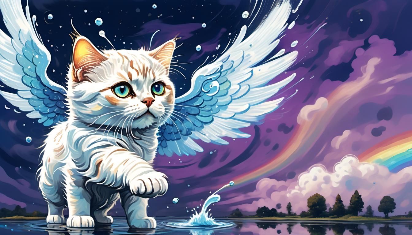 Winged Cat Plays in Puddle, Van Gogh Sky