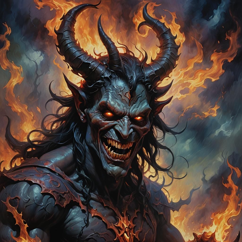 Demonic Figure with Twisted Horns in Dark Fantasy Art