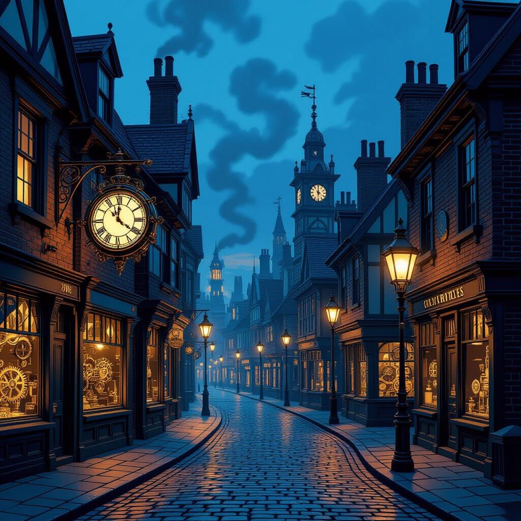 Victorian Clockwork Street Scene at Dusk