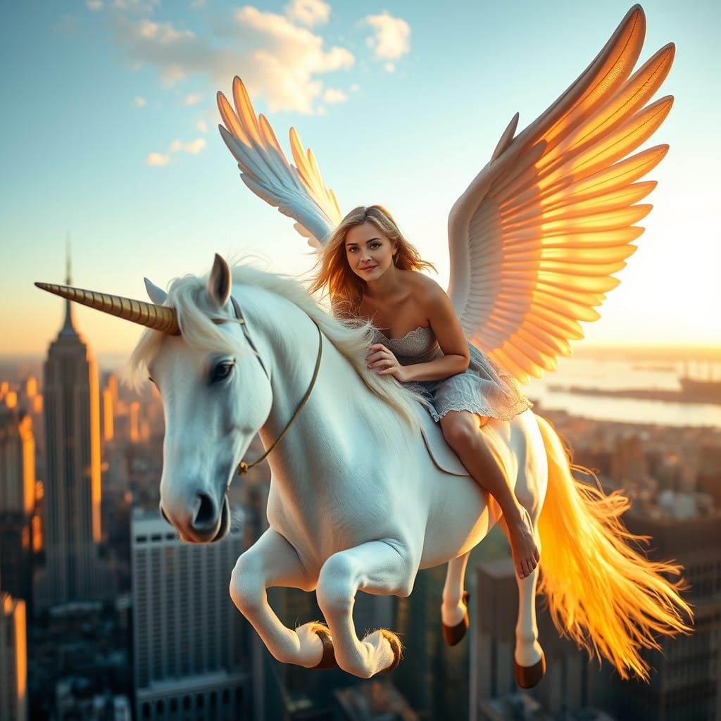 Elegant Woman Soars on Unicorn Wings over NYC at Golden Hour