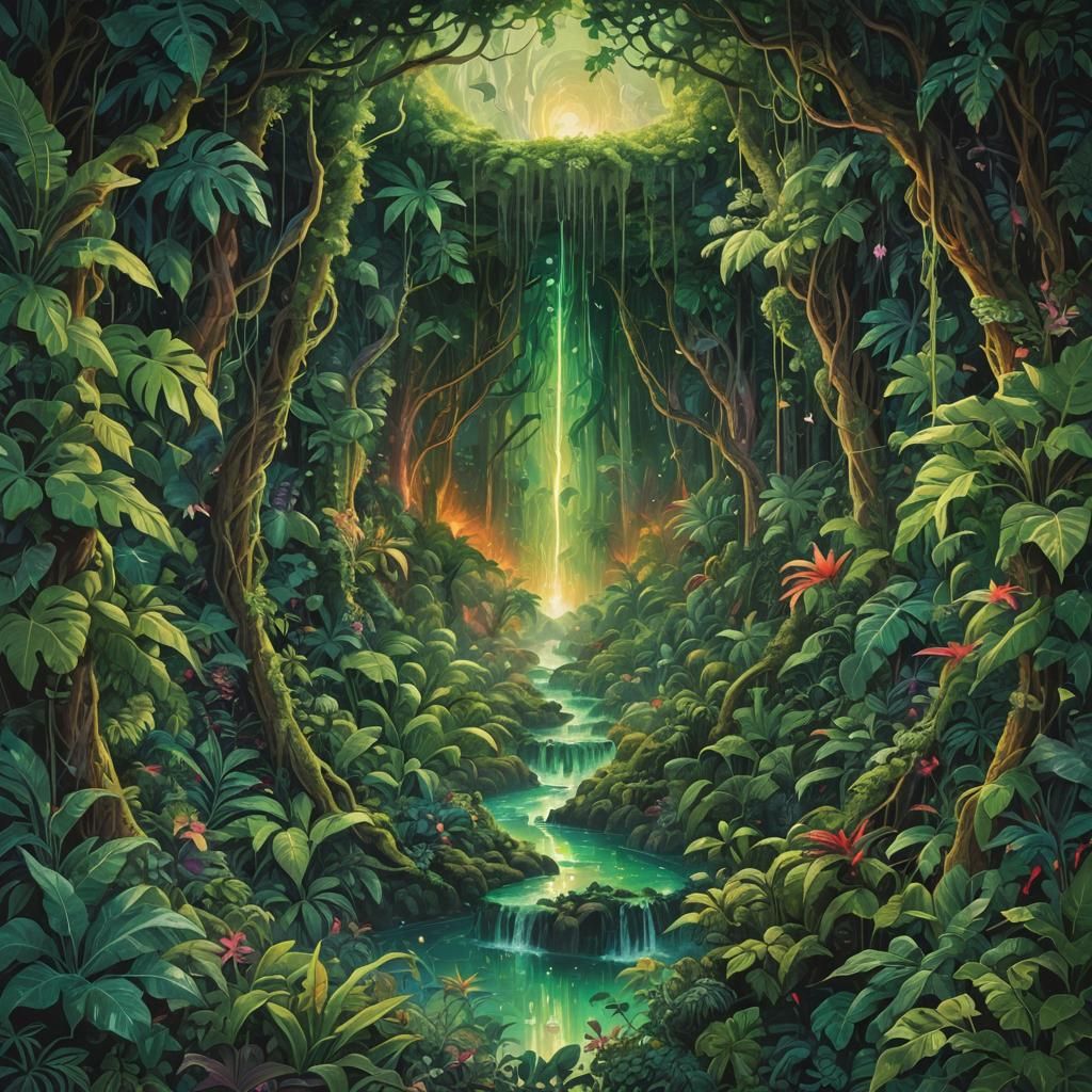 Lush Jungle Inside Colossal Cylinder as 3D Anime Art