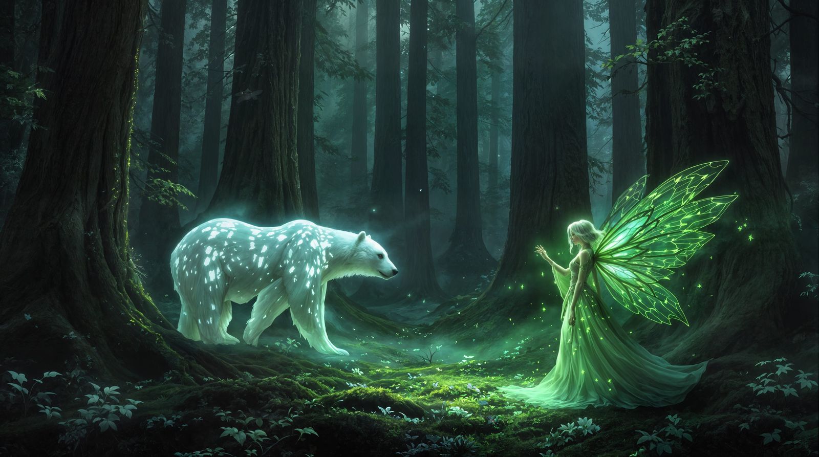 Fantasy Redwood Realm with Ethereal Bear and Fairy