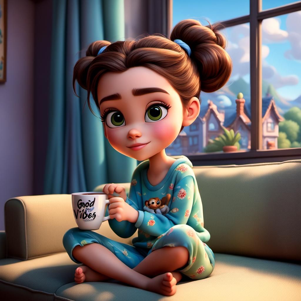 Disney Pixar style 3D beautiful woman, big expressive eyes, brown hair up in a messy bun, wearing pajamas, sitting on th...