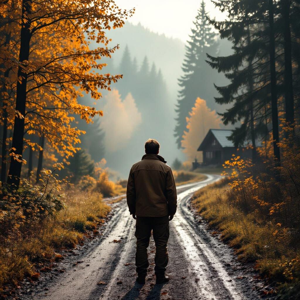 Man at Autumn Crossroads: Symbol of Internal Conflict