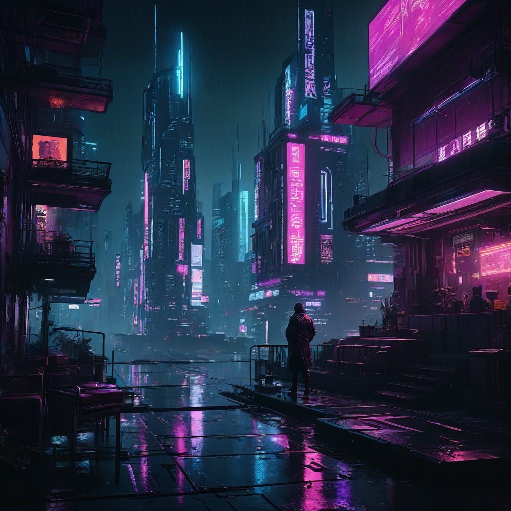 Futuristic Neo-Noir Cityscape at Night