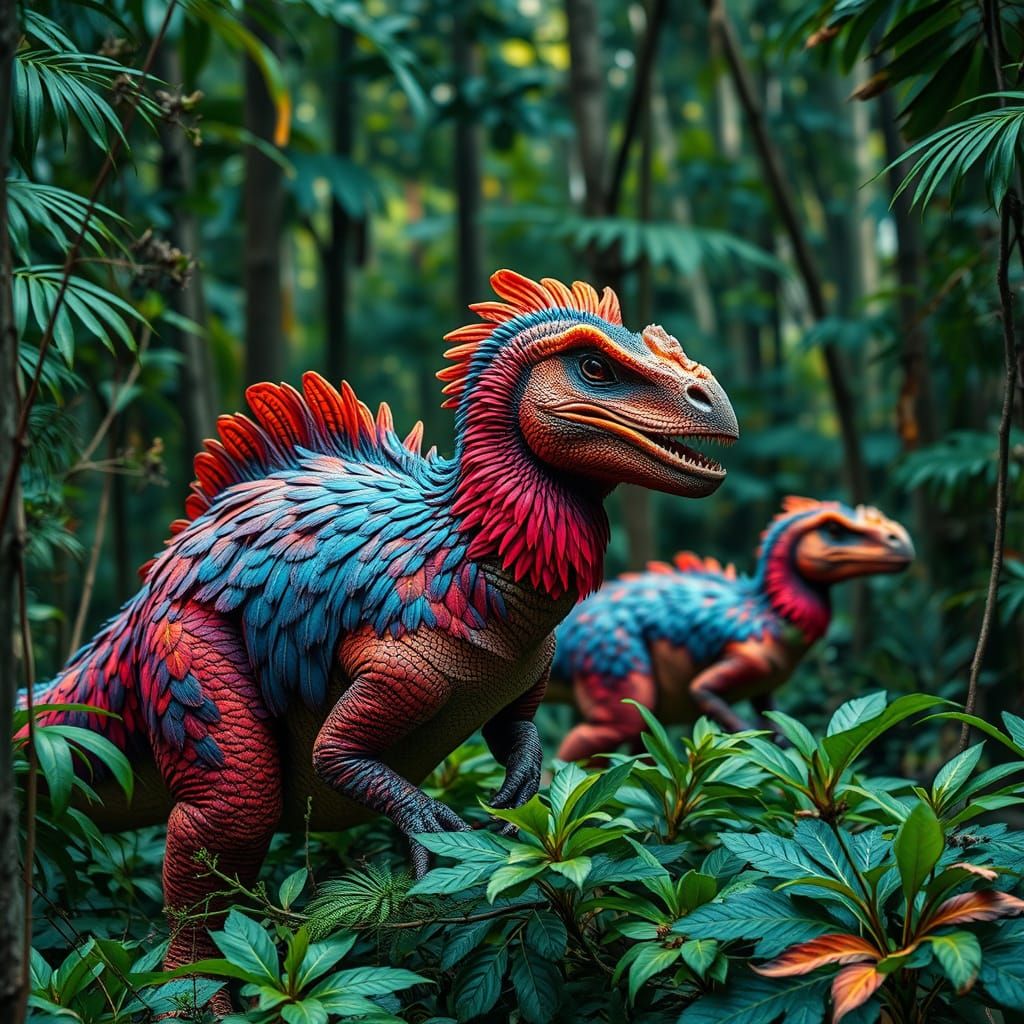 Feathered Dinosaurs in Jurassic Rainforest: Professional Pho...