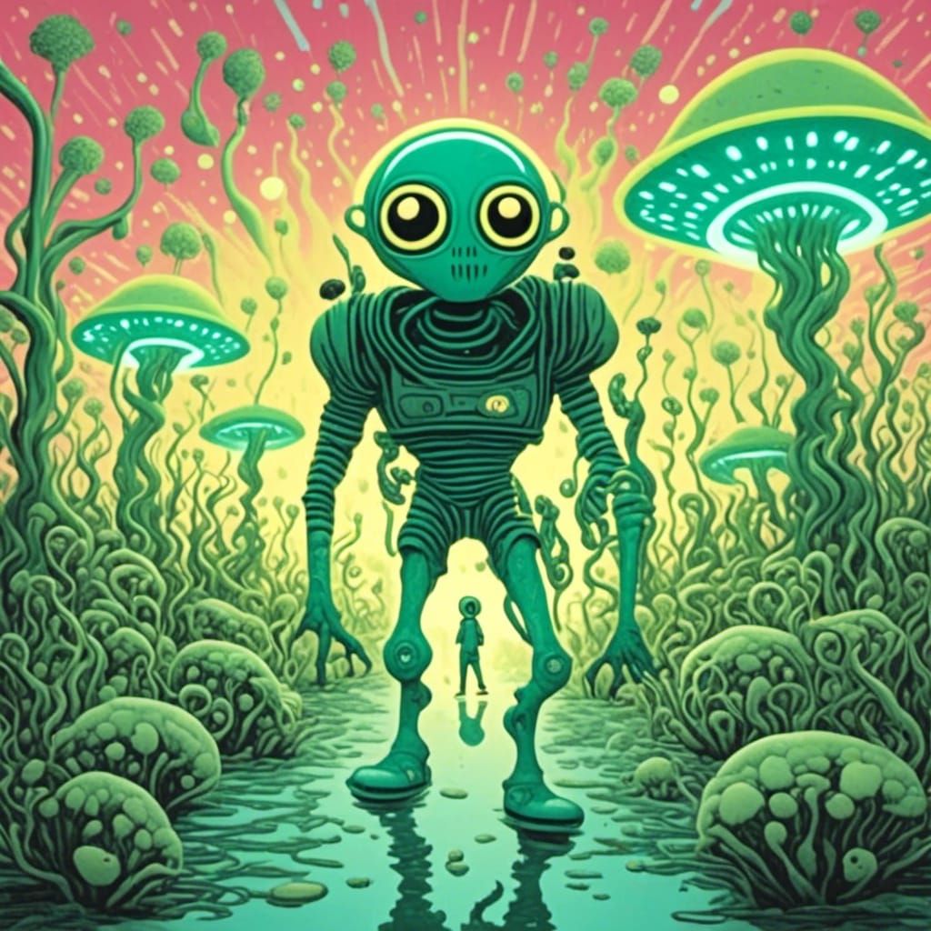 Aliens Walking Dog in Alien Landscape