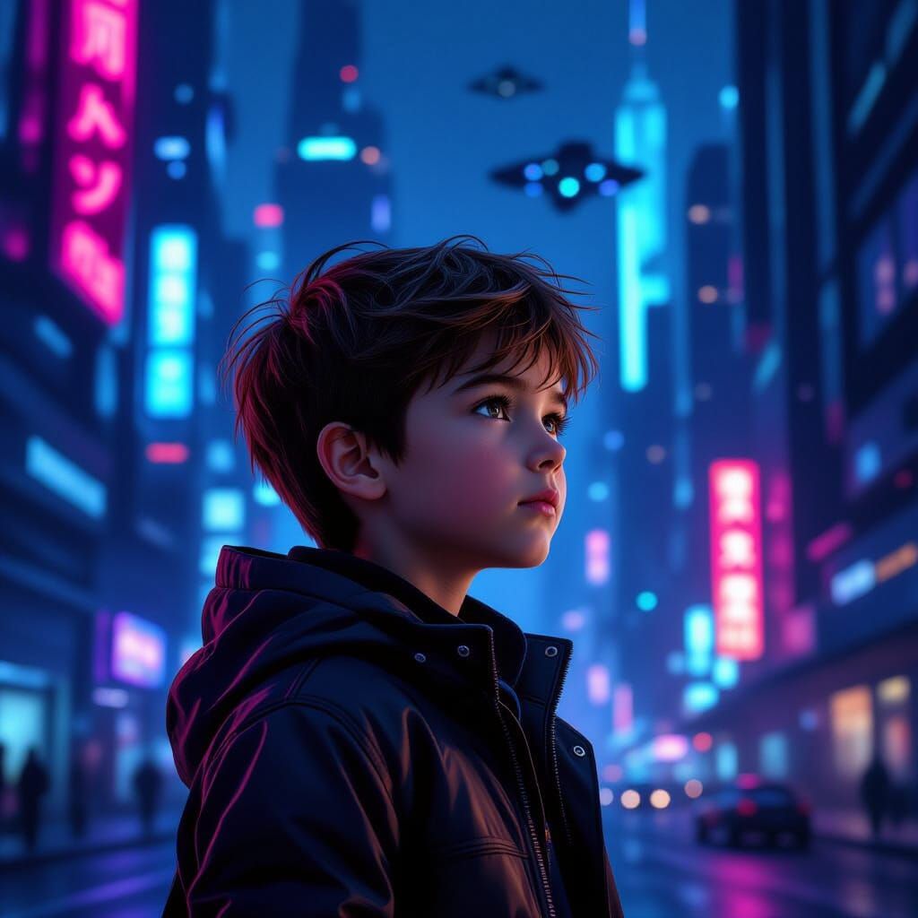 Boy in Futuristic Cityscape at Night