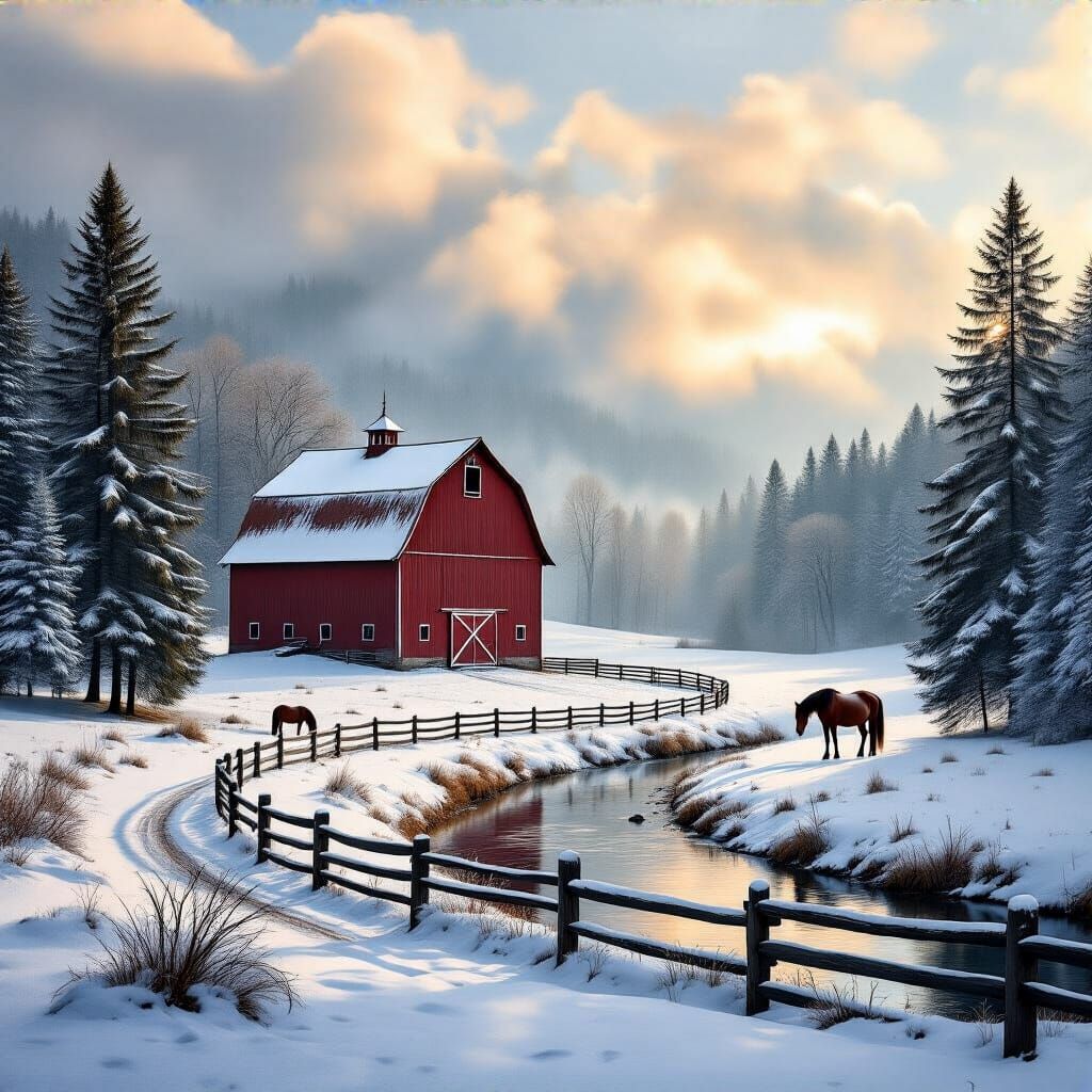 Serene Winter Landscape with Rustic Red Barn