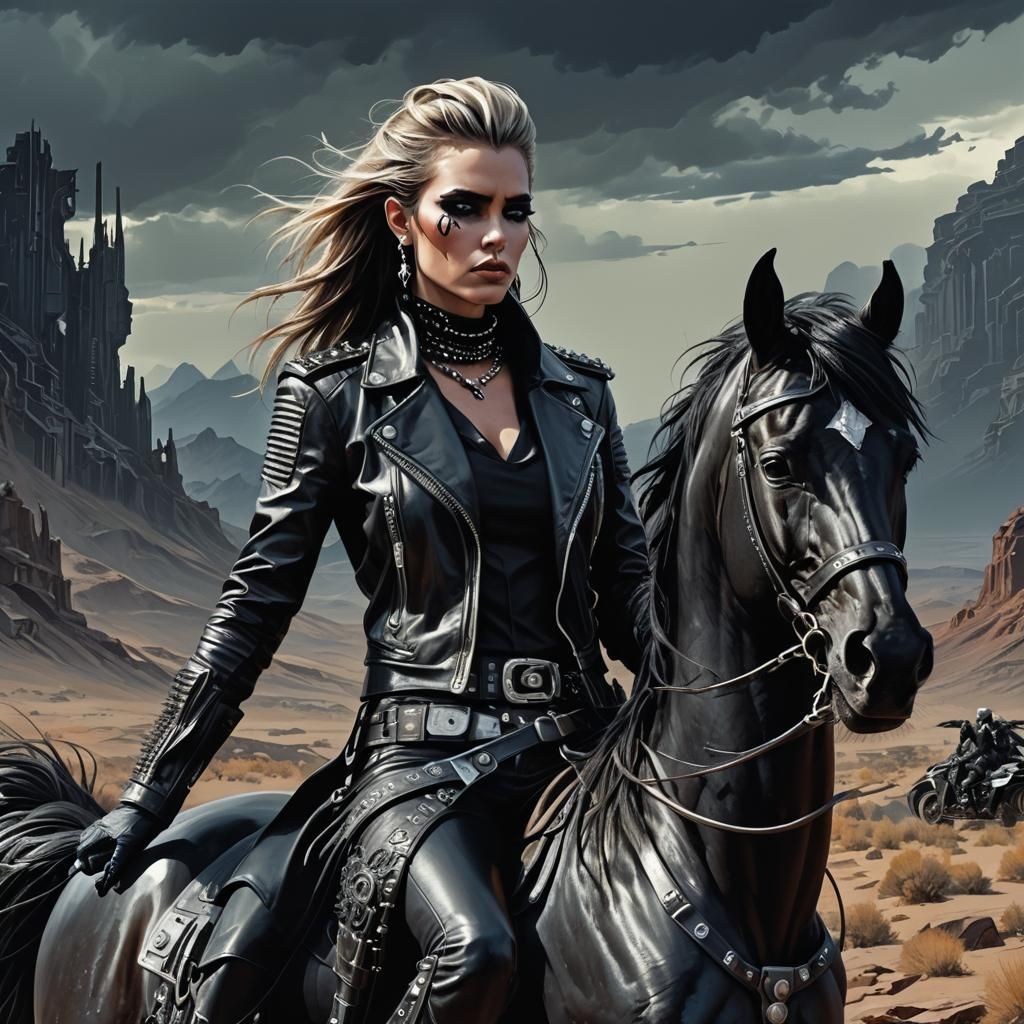 Cyberpunk Woman Rides Horse in Apocalyptic Landscape