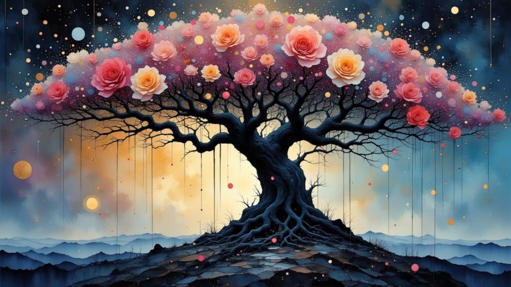 Ancient Tree with Bioluminescent Roses in Surreal Void