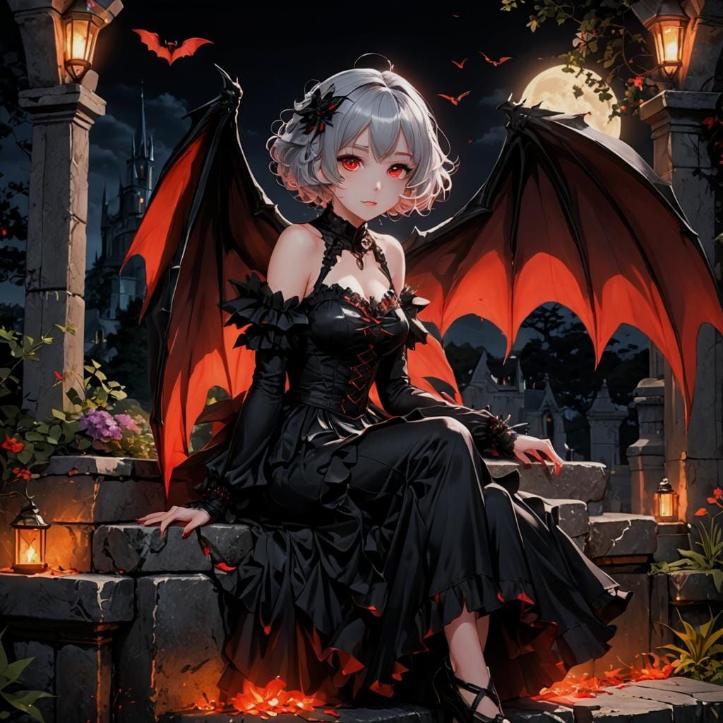 Anime Woman with Bat Wings in Gothic Garden