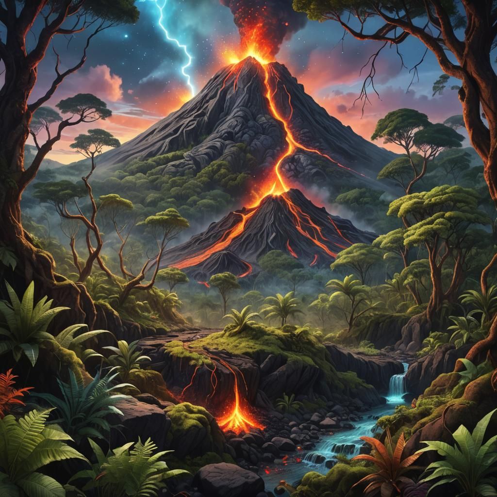 Lush Forest on Extinct Volcano: Cosmic Illustration
