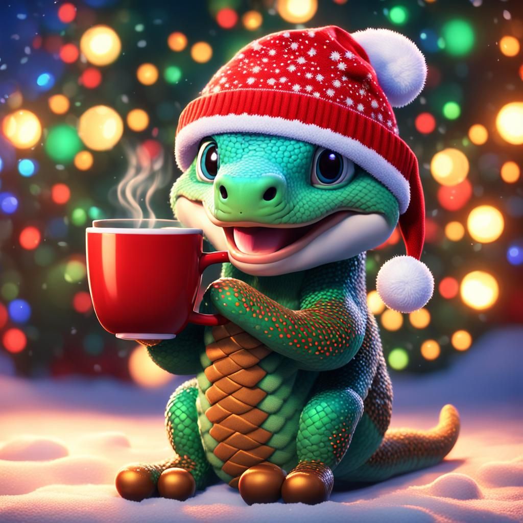 cute Christmas hognose snake with a beanie on, holding cup o...