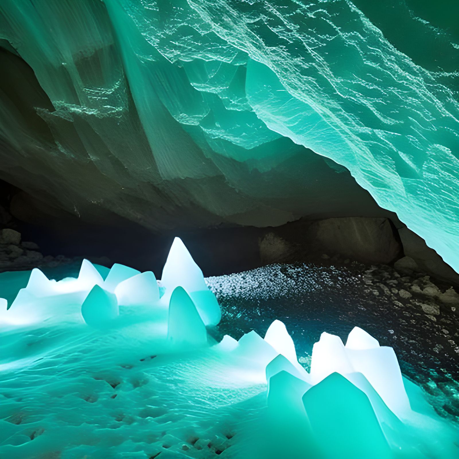 Glowing Crystals Growing in a Dark Cave