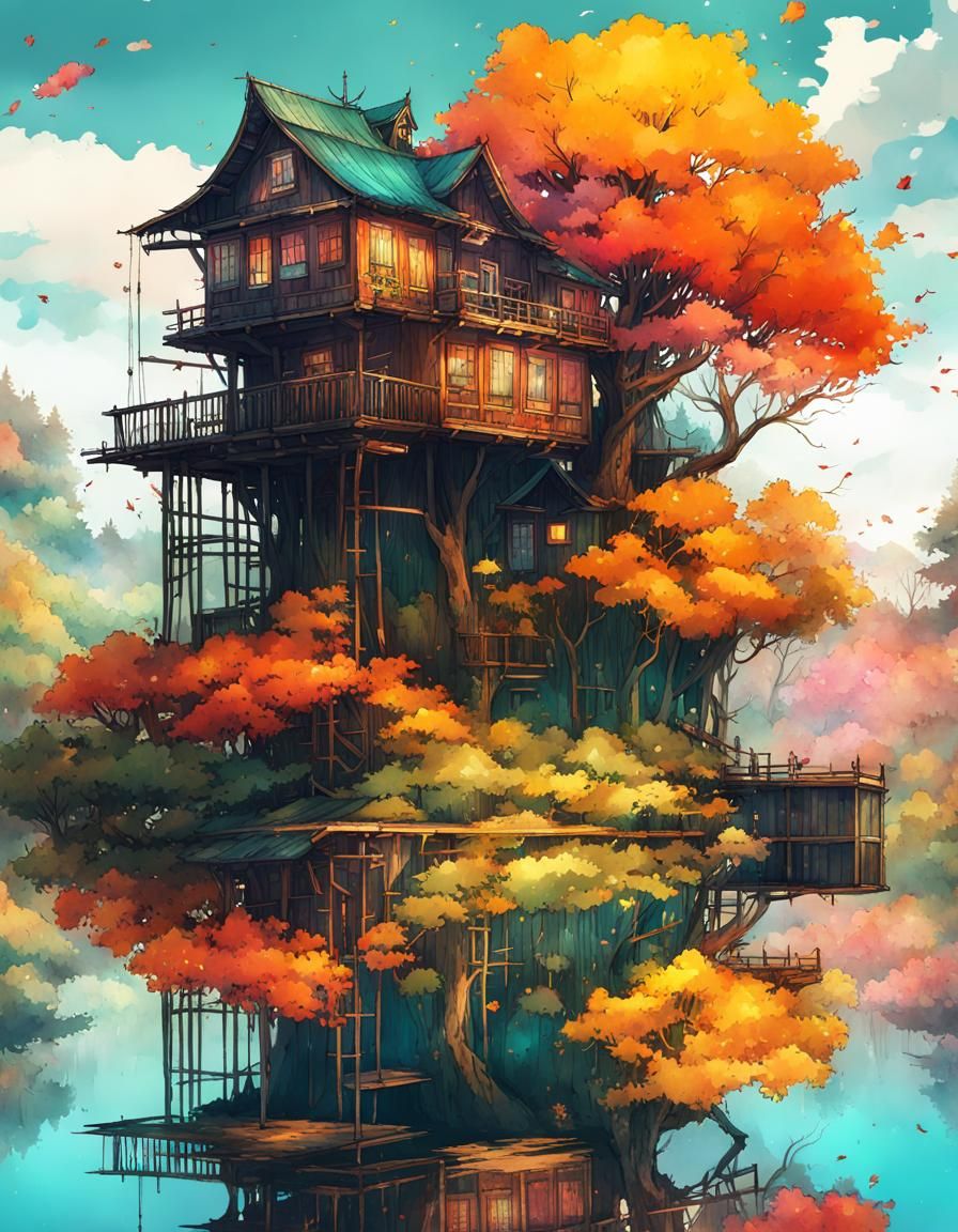 Anime Treehouse Mansion on Lake, Digital Watercolor
