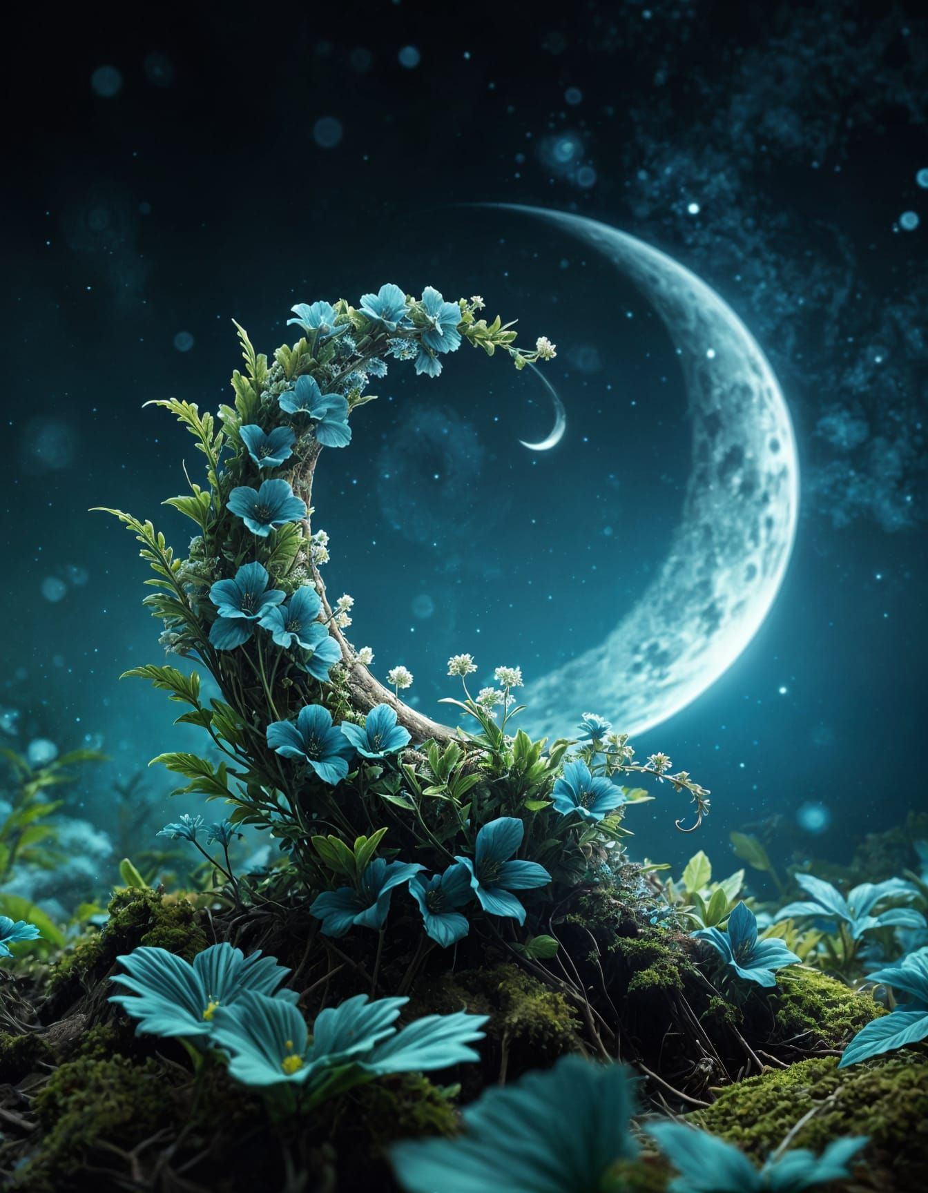 Whimsical Moonlit Forest Blooms in Vibrant Blues and Teals