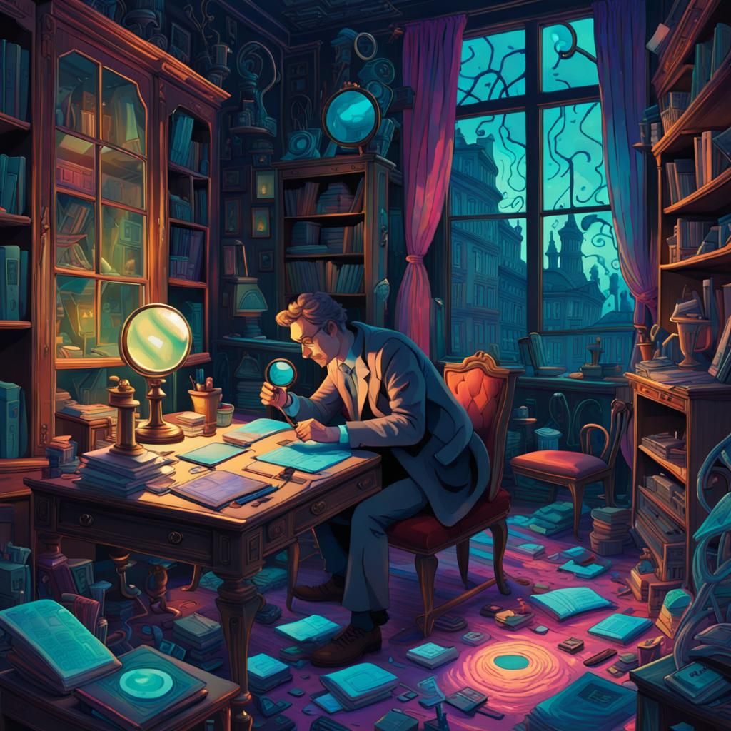 Detective with Magnifying Glass in Gouache Style