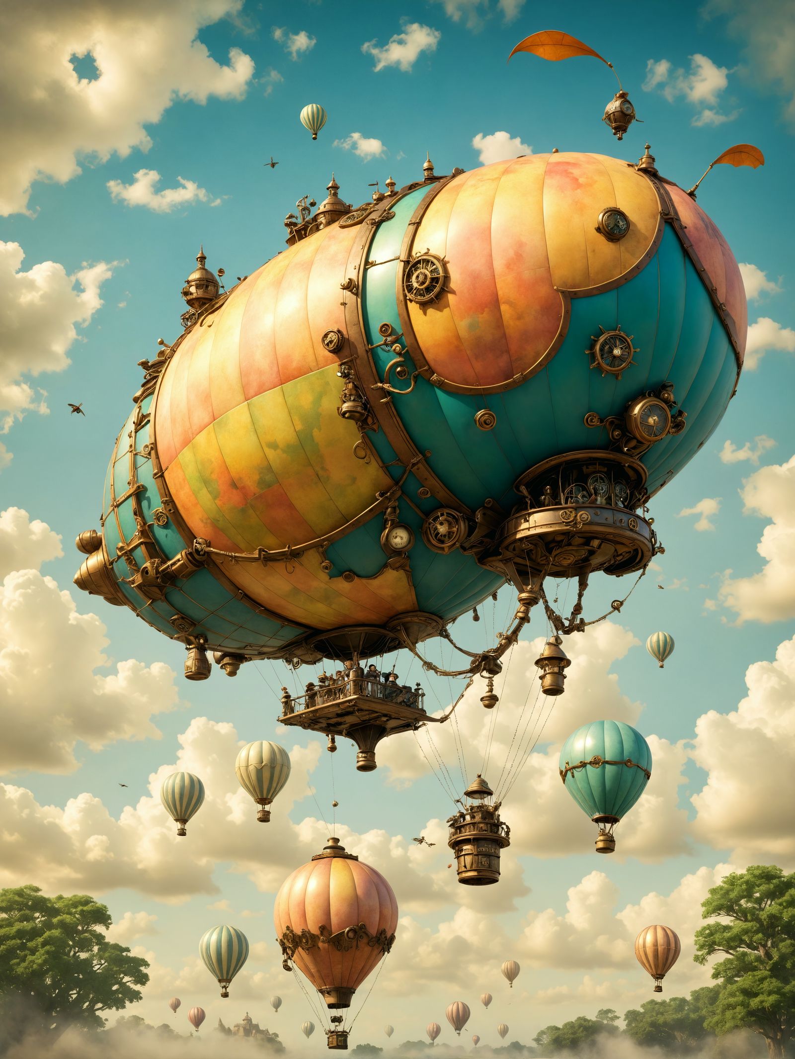 Steampunk Beetle Balloon Drifting Through Pastel Sky