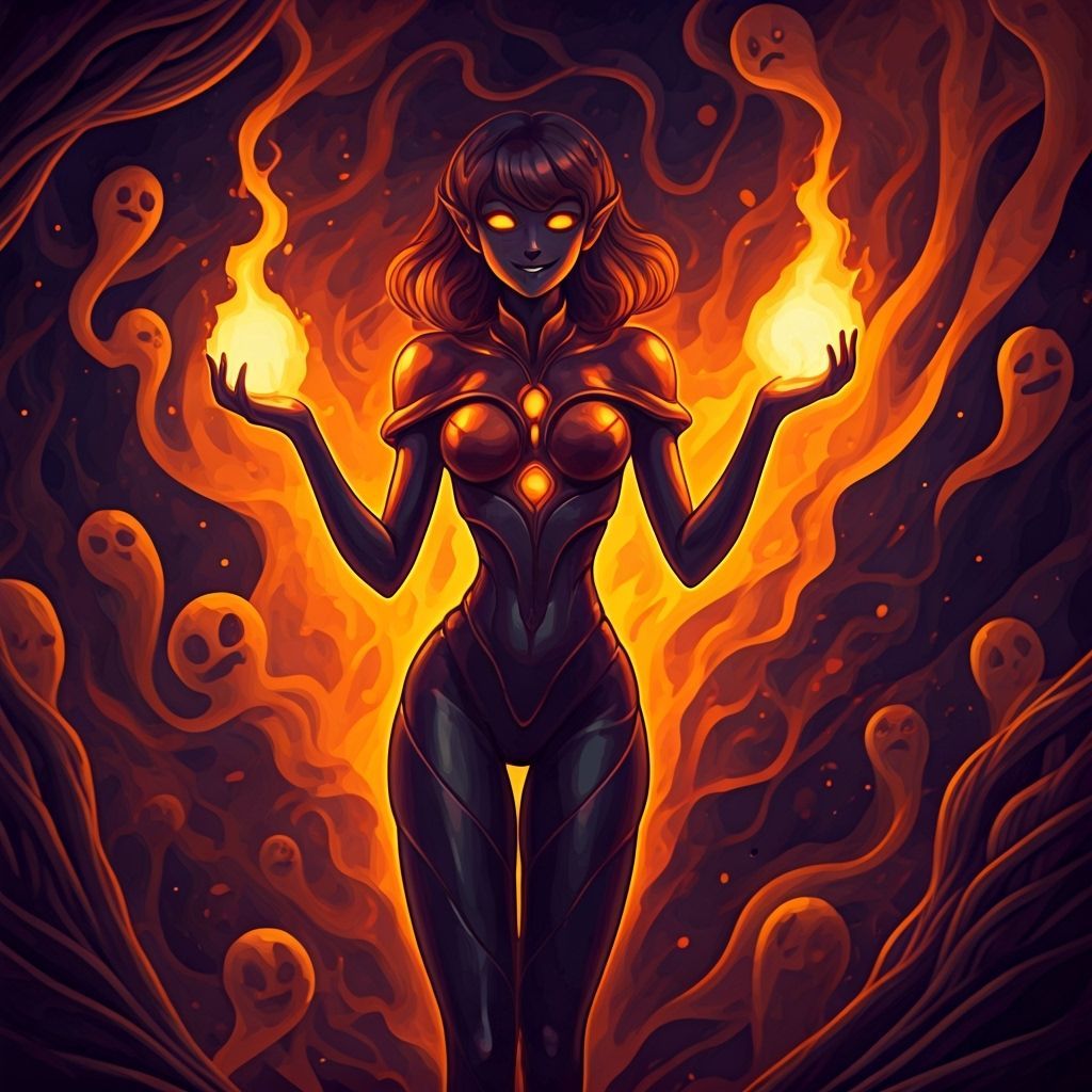 Orange Witch Alien Floating in Space with Glowing Eyes