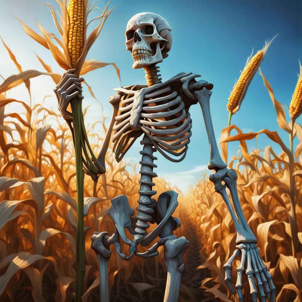 Hyperrealistic Skeleton Warrior in Cornfield, Splash Art