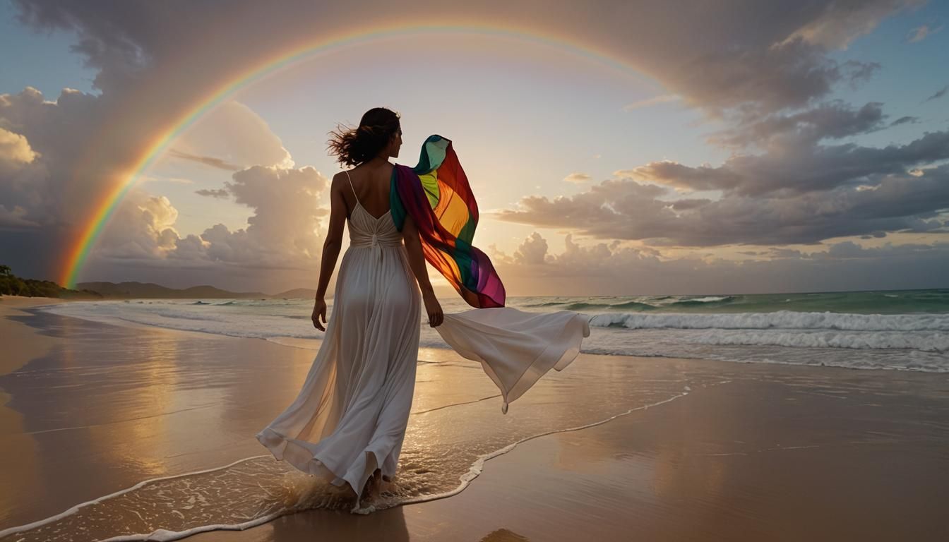 Tropical Beach Sunset with Woman in White Dress