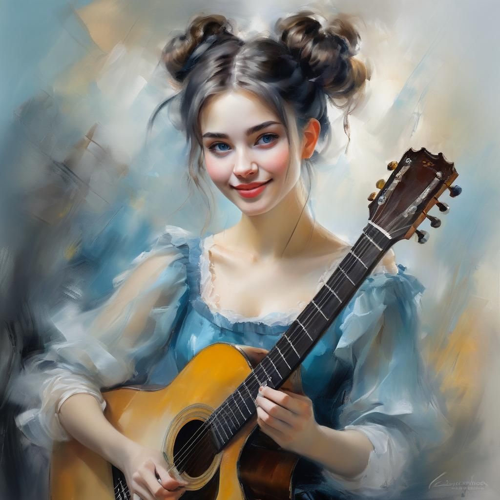 Girl Playing Guitar in Impressionistic Oil Painting Style