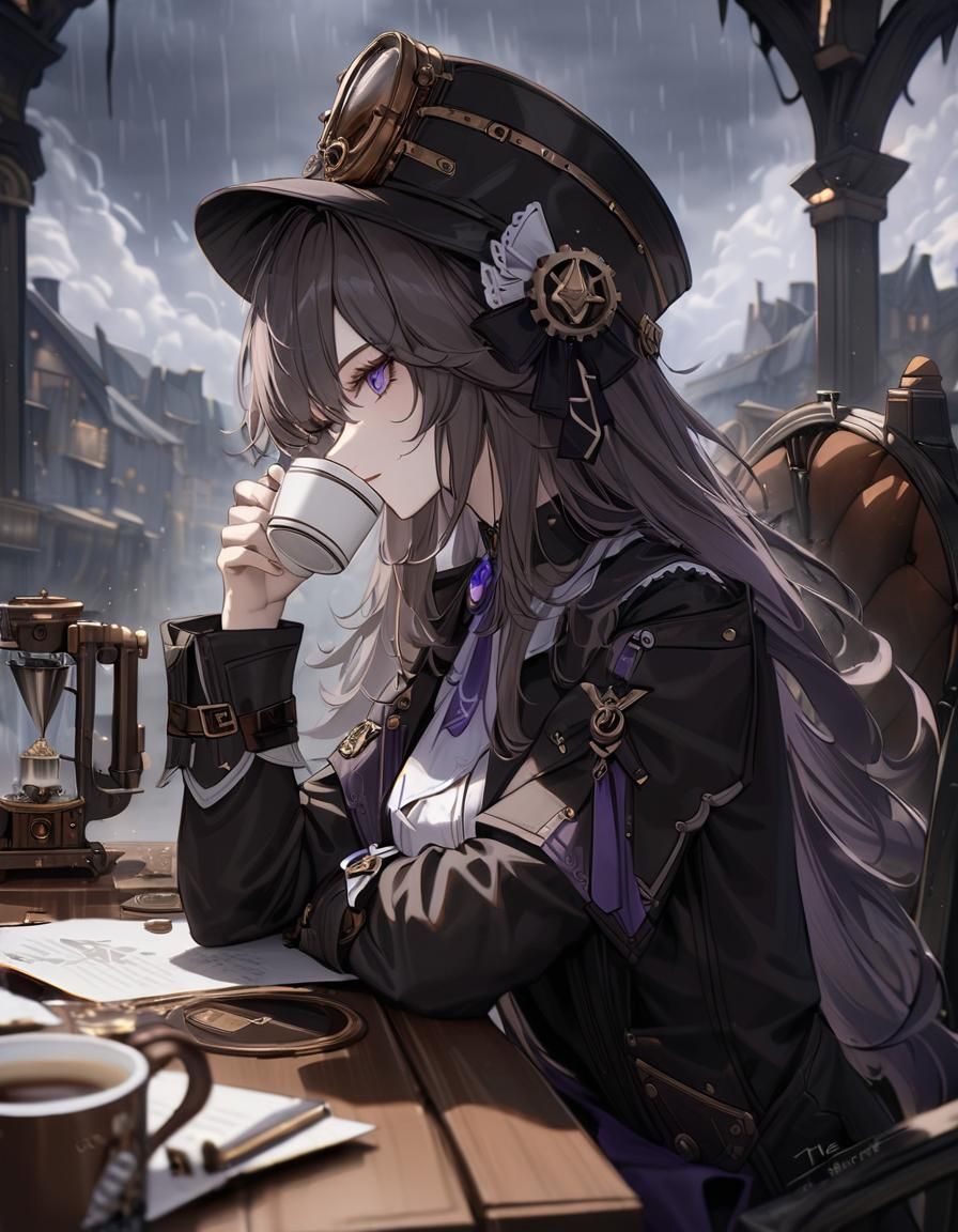 Steampunk Girl Enjoying Coffee on Stormy Day