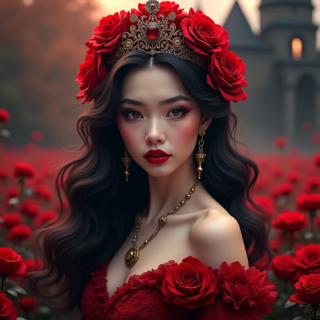 Rose Red Queen Portrait in Dark Fantasy Style