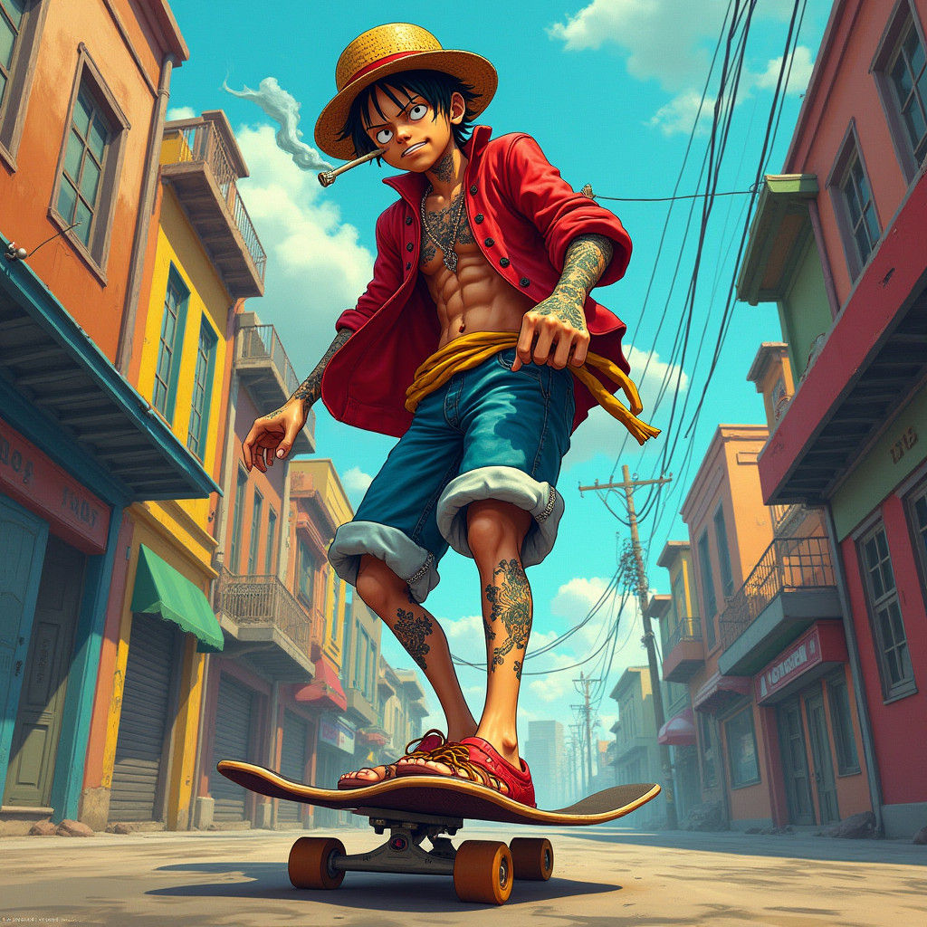 Luffy Skateboarding Through Dreamlike Cityscape
