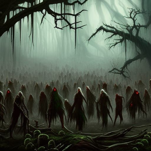Dark Fantasy Zombies Approaching from Dead Forest