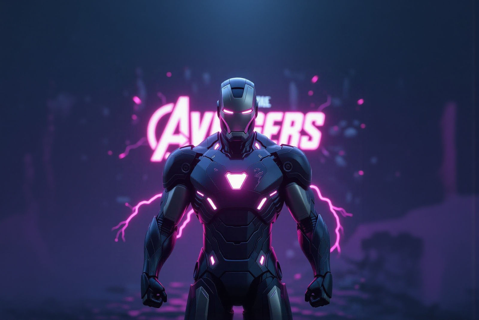 Muscular Iron Man in Dark Space with Pink Energy