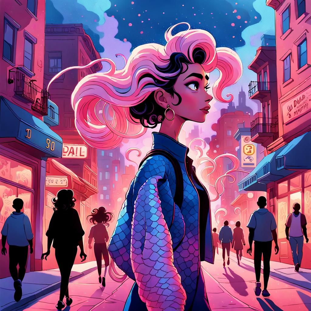 Confident Woman in Pink City, Disney Pop Comix Cartoon