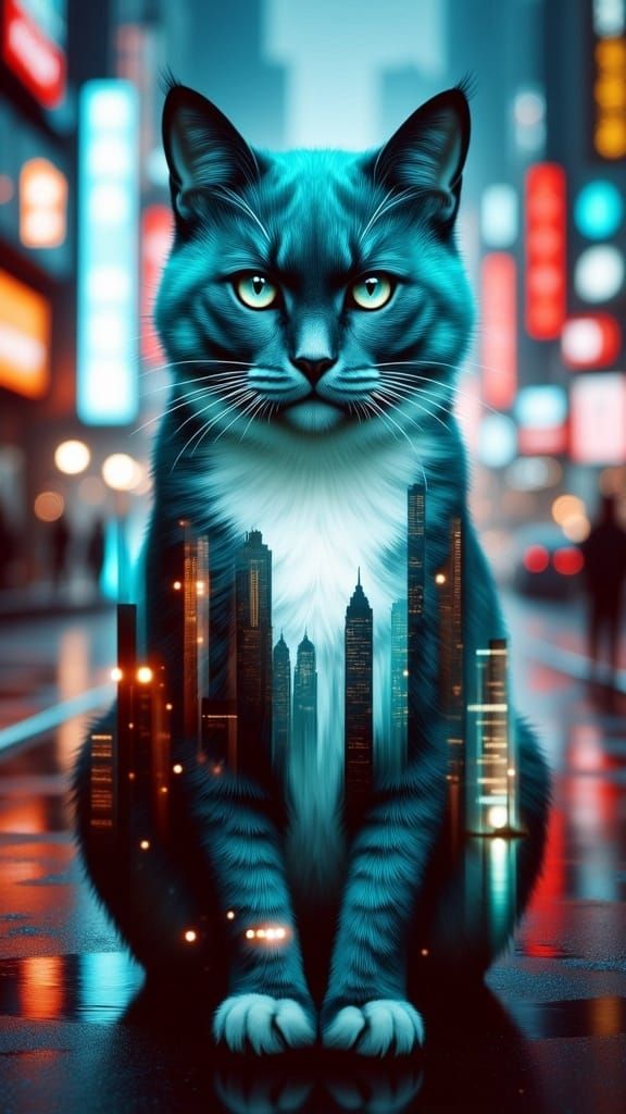 Surreal Double Exposure of Regal Cat and Turquoise-Haired Id...