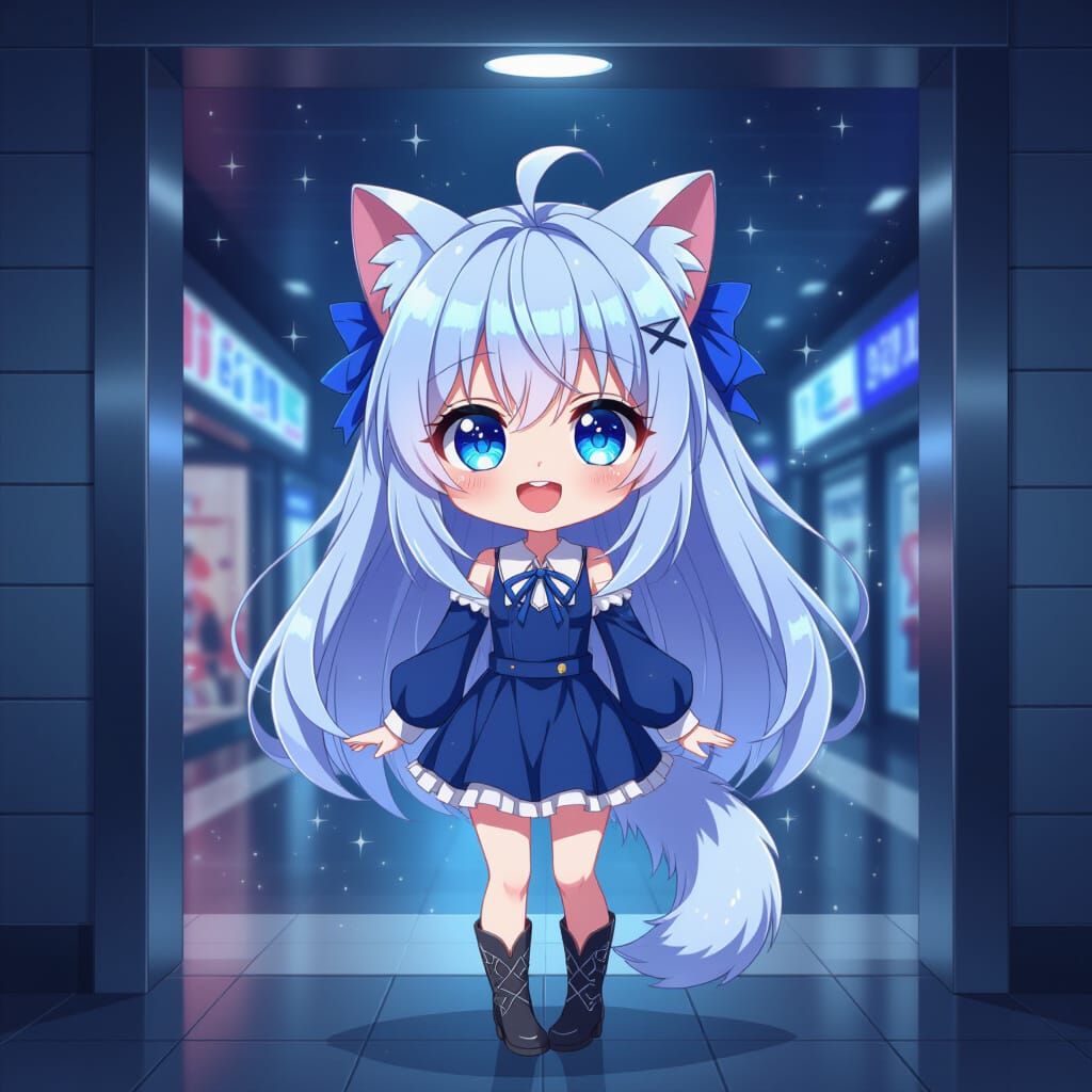 Anime Catgirl Discovers Mall in Synthwave Style