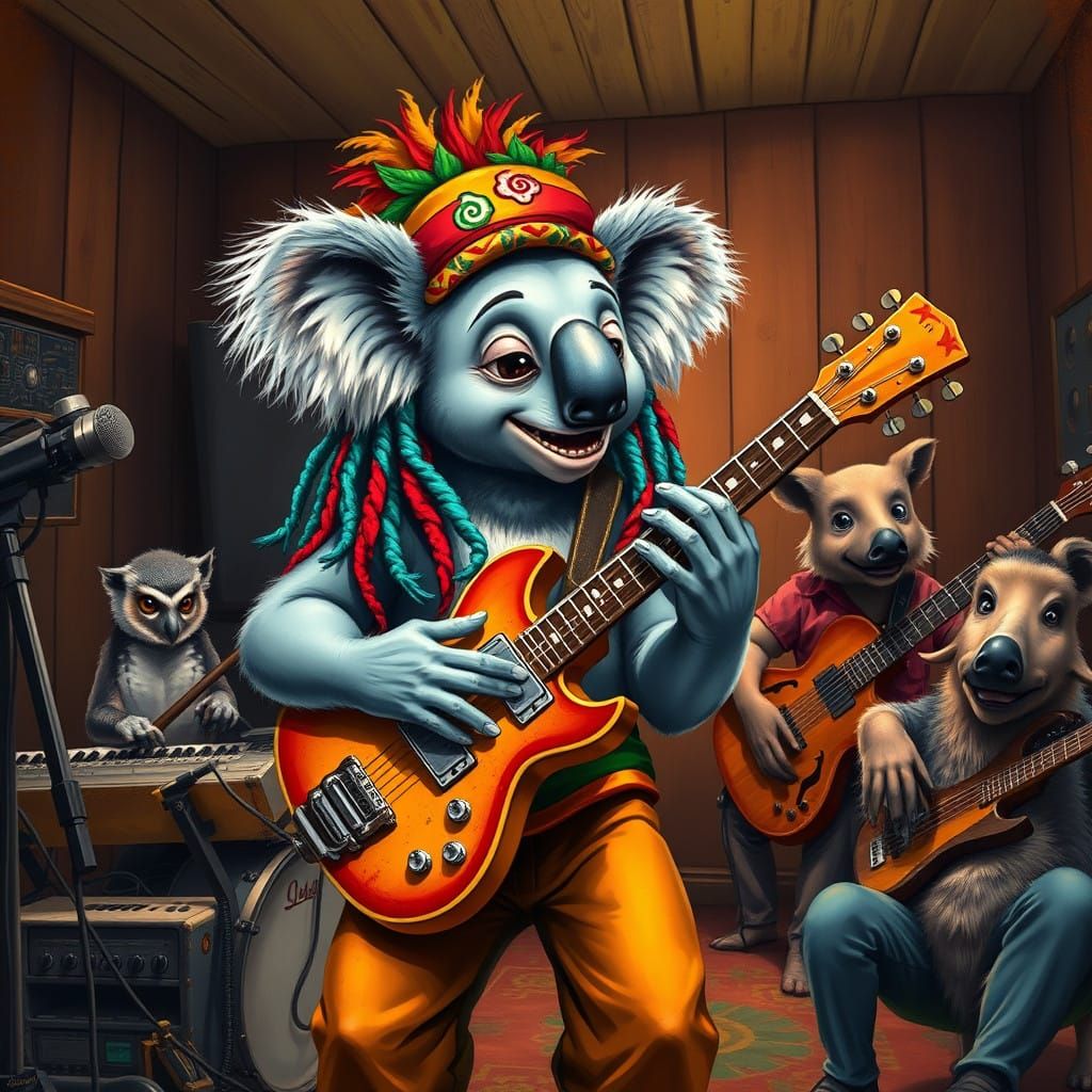 Reggae Koala Rocks Out with Band in Colorful Recording Studi...