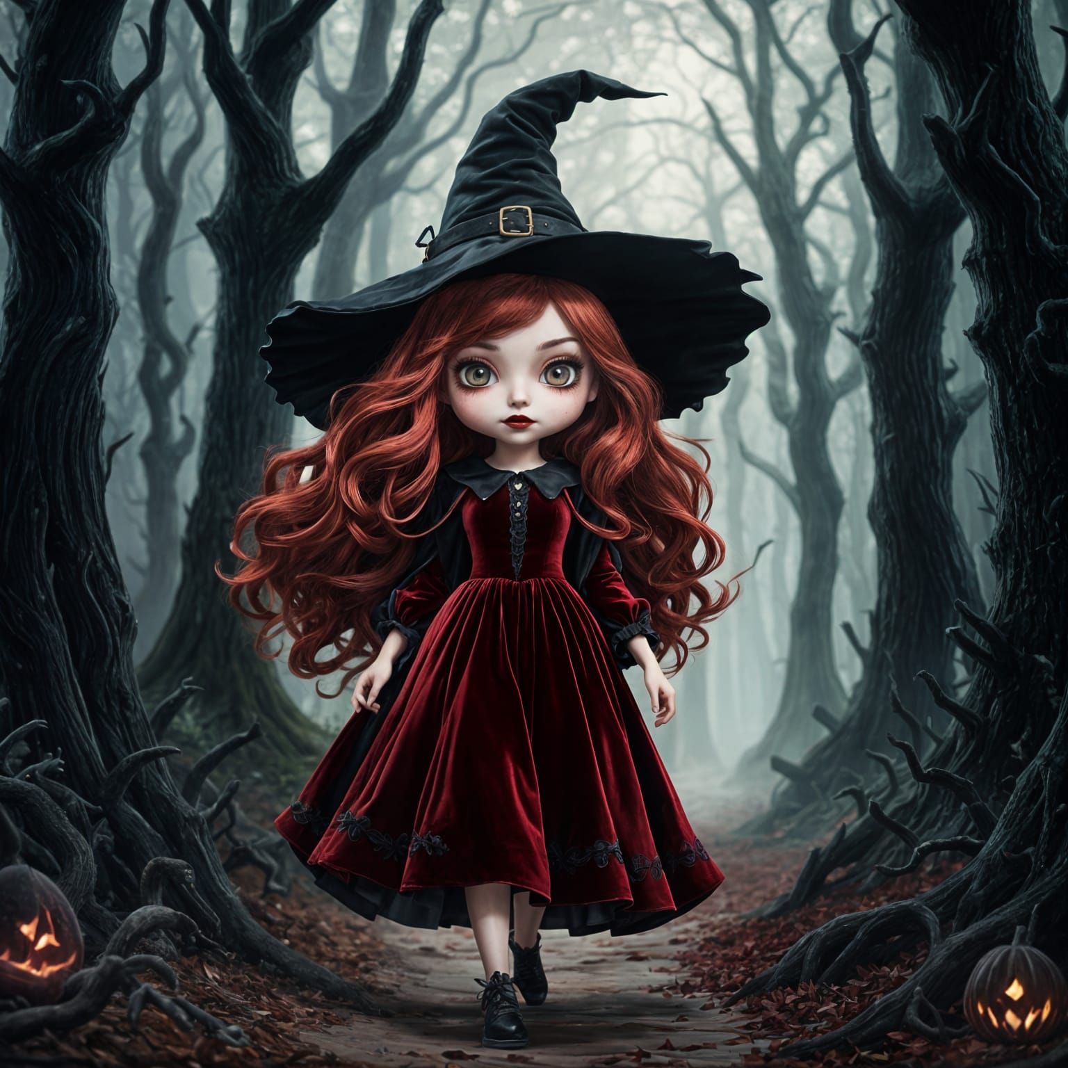 Cute Witch Walks Through Haunted Forest in 8k