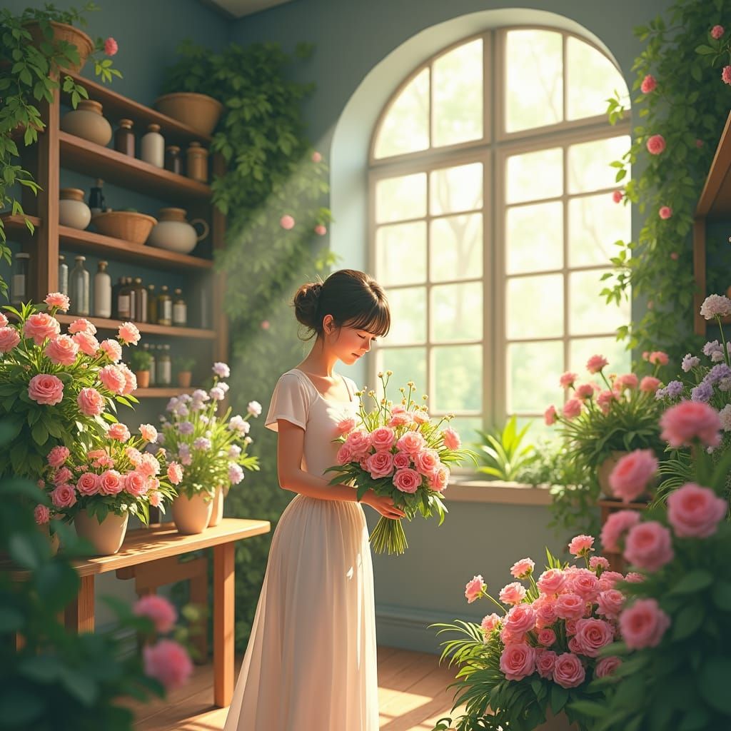 Anime Florist Creates Bouquet in Flower Shop