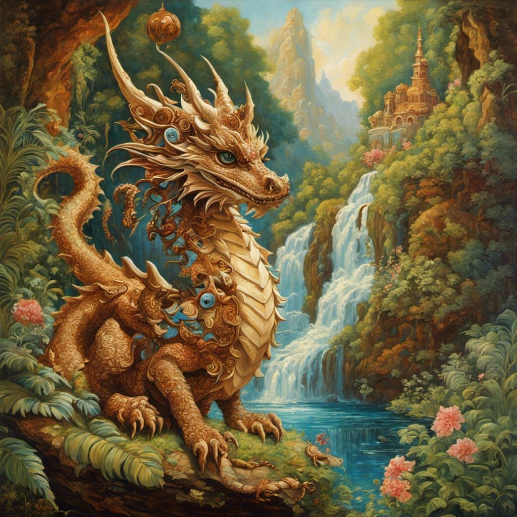 Chocolate Dragon by Waterfall: Fantasy Oil Painting