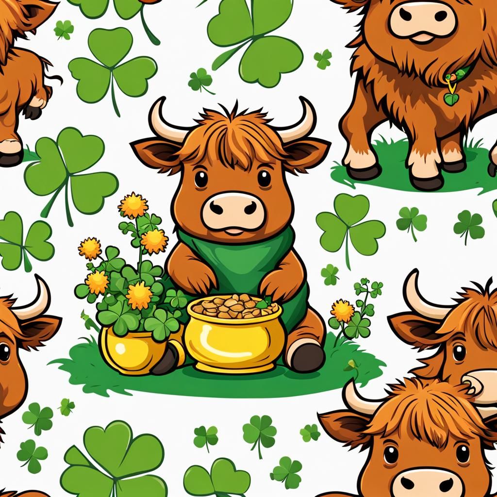 Cartoon Highland Cow with Pot of Gold