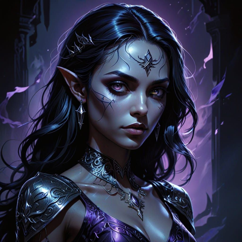 Sultry Dark Elf Goddess in Film Noir Style