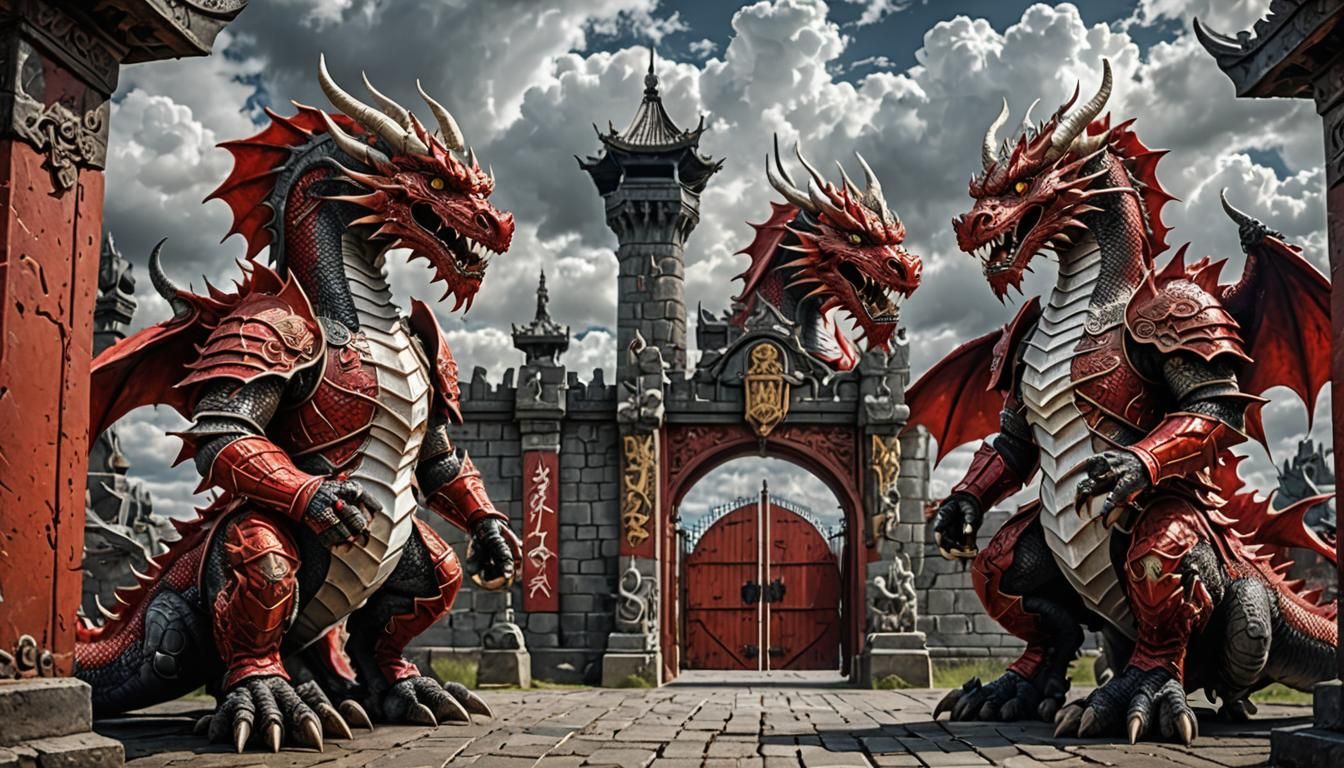 Armored Dragons Guard Underworld Gates in Hyperrealistic Sty...